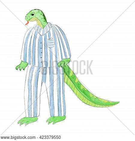 A Lizard In Pajamas. A Hand Drawn Lizard Is Standing In A Pair Of Striped Sleeping Pajamas