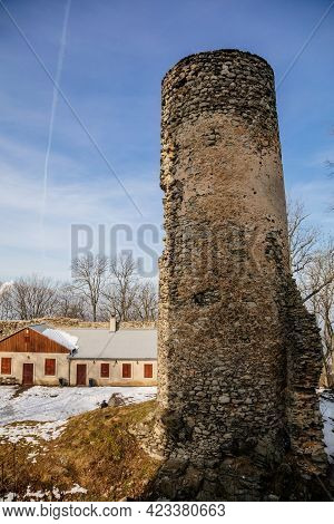 Medieval Gothic Castle Kostomlaty Or Sukoslav , Grey Stone Ruin On Hill At Sunny Winter Day, Ancient
