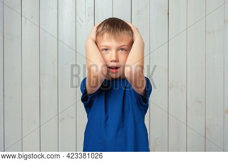 Oh, No. Upset Preteen Boy In Blue T Shirt Made Big Mistake And Feel Now Guilty. Studio Shot, Light W