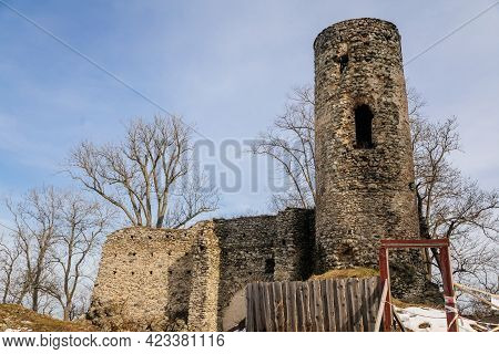 Medieval Gothic Castle Kostomlaty Or Sukoslav , Grey Stone Ruin On Hill At Sunny Winter Day, Ancient