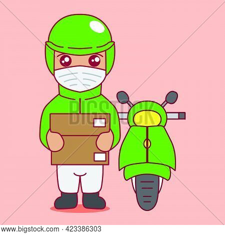 Cute Cartoon Illustration Of A Delivery Man With A Mask Lifting A Carton Of Goods