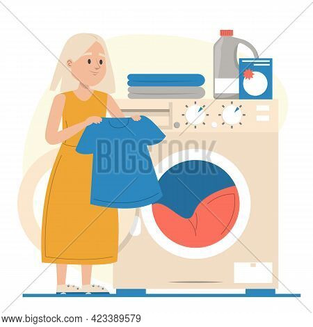 Girl puts clothing in the washing machine vector isolated. Daily routine. Domestic work, kid washing dirty clothes.