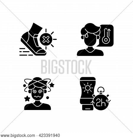 Heatstroke Prevention Black Glyph Icons Set On White Space. Avoid Exercising During Summer Heatwave.