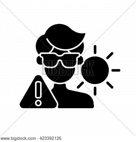 Overexposure To Sun Black Glyph Icon. Person In Sunglasses On Beach Risking Sunstroke. Man In Danger