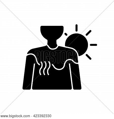 Sunburn Black Glyph Icon. Person Under Sunlight Exposure. Inflammation During Summer From Heatstroke