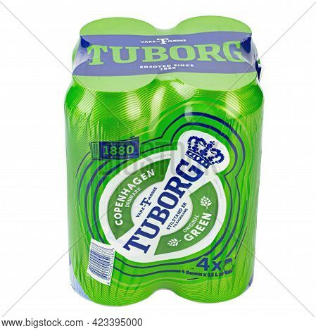 Ukraine, Kiev - May 27. 2020: Aluminium Four-pack Of Tuborg Green Beer On White Background. Tuborg I