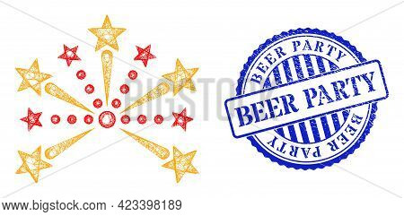 Vector Crossing Mesh Pyrotechnic Salute Framework, And Beer Party Blue Rosette Unclean Seal. Crossed