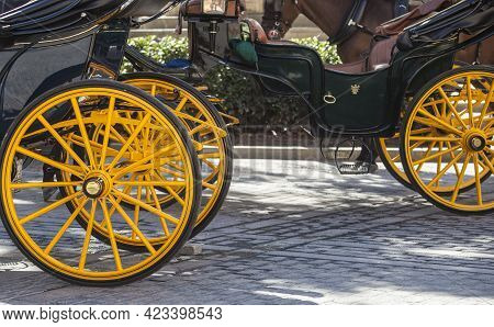 Parked Horse Drawn Carriages At Santa Cruz Neighborhood, Seville, Andalusia, Spain