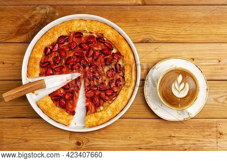 Homemade Open Pie Gallet With Strawberries And Rhubarb. Top View.