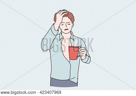 Morning Hangover And Flu Concept. Sleepy Guy Cartoon Character Standing With Tea Cup Having Headache