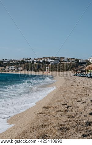 Kalafati, Greece - September 23, 2019: Waves Washing On Kalafati Beach, A Popular Beach In Mykonos F