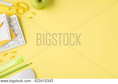 Overhead Photo Of Notepad Ruler Pencil Pen Keyboard Felt-tip Paperclips Computer Mouse And Apple Iso