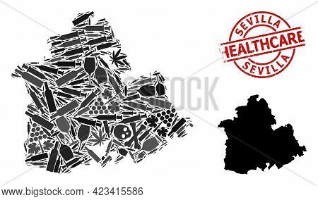 Vector Drugs Mosaic Map Of Sevilla Province. Rubber Health Care Round Red Seal Stamp. Concept For Na