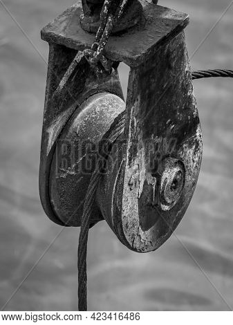 Old Trawler Pully In Black And White
