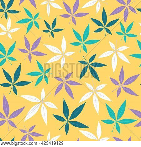 Elegant Trendy Seamless Vector Floral Ditsy Pattern Design Of Tropical Pachira Leaves. Trendy Foliag
