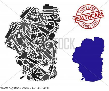 Vector Addiction Mosaic Map Of Tahoe Lake. Grunge Health Care Round Red Seal Stamp. Template For Nar