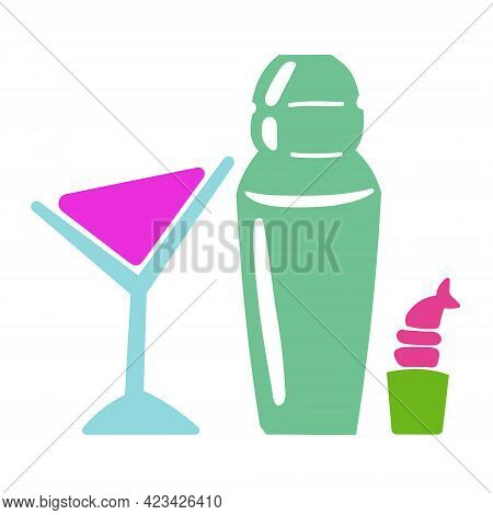 Martini Cocktail, Shaker And Shrimp Roll Illustration Isolated On White Background. Vector Flat Illu