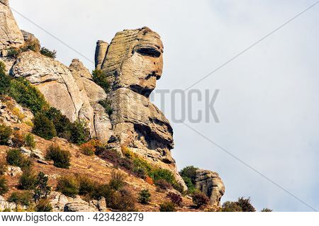 Beautiful Scenic Sunny Blue Sky Landscape Of Yuzhnaya Demerdzhi Rocky Mountain In Crimea, Russia Cal