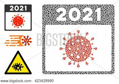 Mosaic 2021 Covid Calendar Page Icon Constructed From Trembly Items In Random Sizes, Positions And P