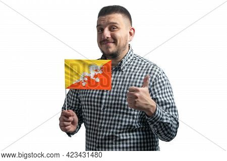 White Guy Holding A Flag Of Butane And Shows The Class By Hand Isolated On A White Background. Like 