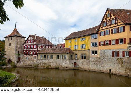 Old Tower And Historic, Medieval Half-timbered Houses In The Historic Center Of Schw Bisch Hall On T