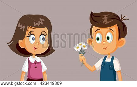 Little Boy Giving Flowers To His Love Crush