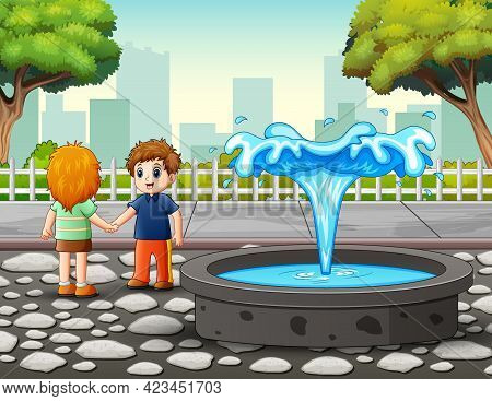 Cartoon Two Children Shaking Hands Near The Fountain