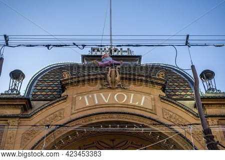 Copenhagen, Denmark - Oct 21, 2018: Close-up Of The Roof Line And Sign To The Iconic Tivoli Gardens,