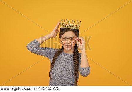 Smartest Princess. Long Awaited Reward. Little Smart Girl Wear Eyeglasses. Clever Child. Princess Co