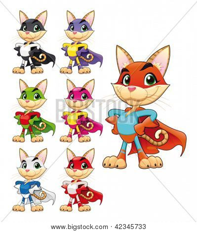 Super héros Funny cat. Vector cartoon characters isolés