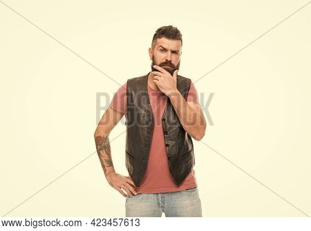 Think Different Way. Hipster With Beard Brutal Guy. Masculinity Concept. Barber Shop And Beard Groom