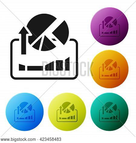 Black Stocks Market Growth Graphs And Money Icon Isolated On White Background. Monitor With Stock Ch