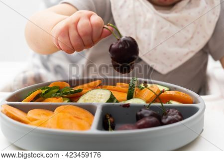 Unrecogniable Caucasian Baby About 1 Year Old, Eating From Silicone Plate Of Fresh Vegetables, Fruit