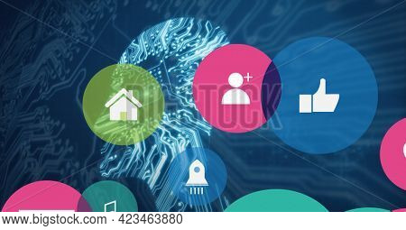 Composition of network of digital icons and computer circuit board. global online identity, data processing, technology and digital interface concept digitally generated image