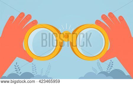 Hands With Binoculars, Looking Into Distance, Vision Perspective, Goal Achievement. Concept Business