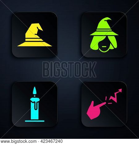 Set Spell, Witch Hat, Burning Candle In Candlestick And Witch. Black Square Button. Vector
