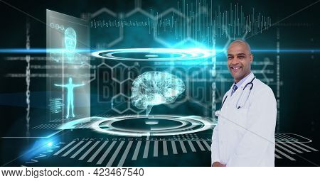 Composition of male doctor over virtual screen with medical icons. global medicine and digital interface concept digitally generated image.