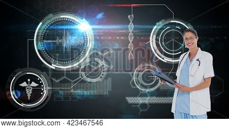 Composition of female doctor over virtual screen with medical icons. global medicine and digital interface concept digitally generated image.