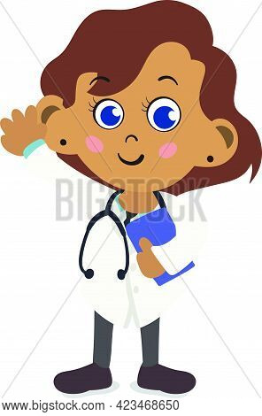 A Cute And Adorable Child Character In Cartoon Style. Kindergarten Preschool Kid Dressed As Professi