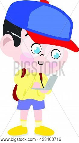 A Cute And Adorable Child Character In Cartoon Style. Kindergarten Preschool Kid Dressed As School K