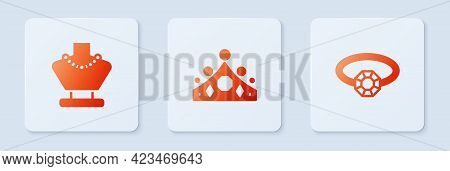 Set King Crown, Necklace On Mannequin And Diamond Engagement Ring. White Square Button. Vector
