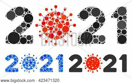 Mosaic 2021 Covid Year Icon Organized From Round Items In Various Sizes, Positions And Proportions. 