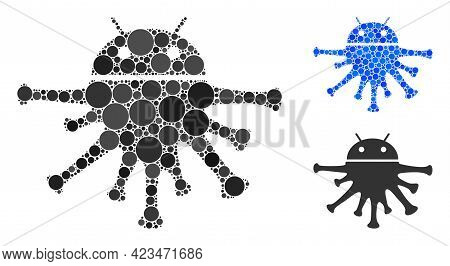 Mosaic Nanobot Icon Organized From Circle Elements In Various Sizes, Positions And Proportions. Blue