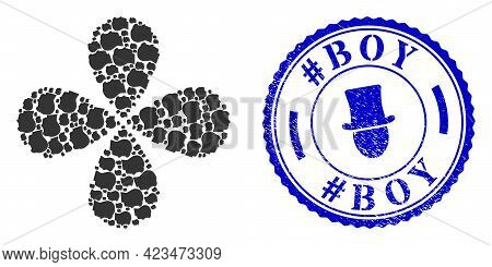 Man Head Profile Rotation Flower With Four Petals, And Blue Round Hashtag Boy Grunge Stamp Seal With