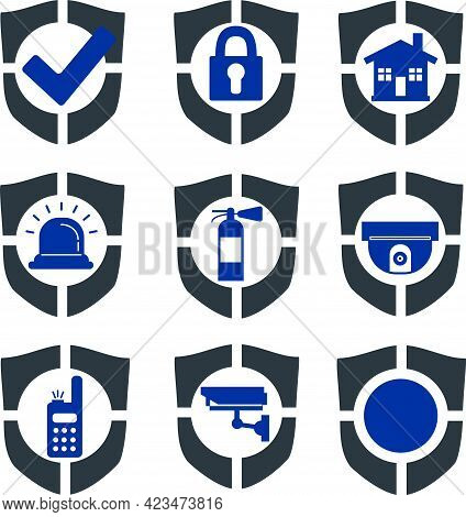 A Set Of Security Sensors For The Home And Other Objects. Police And Security Guard Badges. Fire Sen