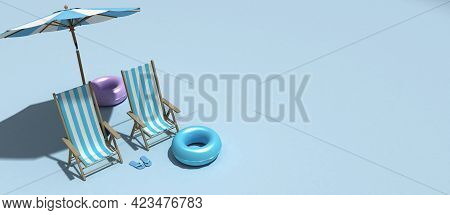 The Concept Of Summer Vacation. Top View On A Sun Lounger Under An Umbrella On The Sandy Beach, 3d R