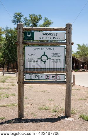 Limpopo Province, South Africa Nov 14 2020: Marakele National Park Sign At The Main Entrance Gate. T