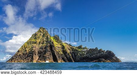 Panorama Of Entire Beautiful Skellig Michael Island With Skellig Lighthouse. Star Wars Film Location