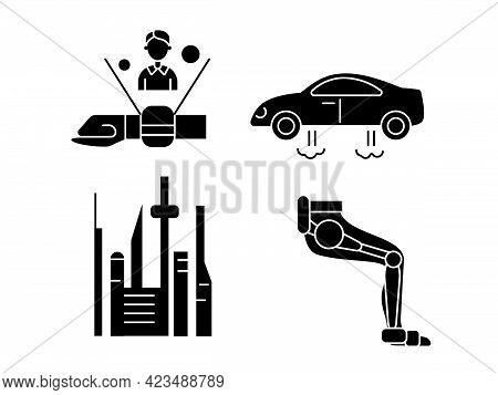 Cyberpunk Glyph Icons Set. Futuristic City. Exoskeleton And High Tech Technology. Bio-robot Gadgets.