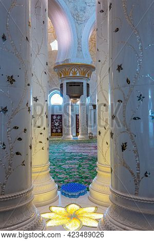 Abu Dhabi, United Arab Emirates - May 17, 2018: Architectural Details Of The Prayer Hall Of The  She